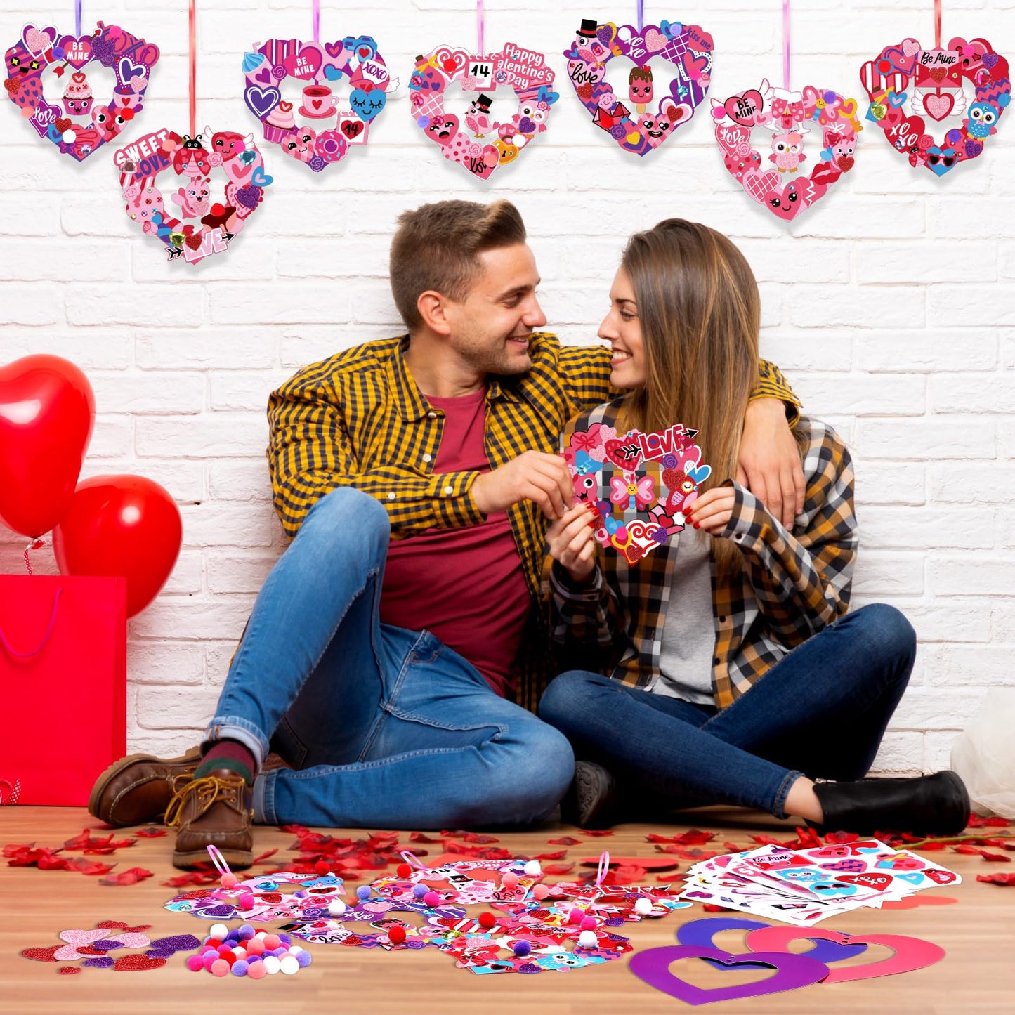 Hollowfly 48 Sets Valentine‘s Day Wreath Craft Kits DIY Wreath Hanging Ornaments Make Your Own Paper Craft with Stickers for Home Party Favors Activities