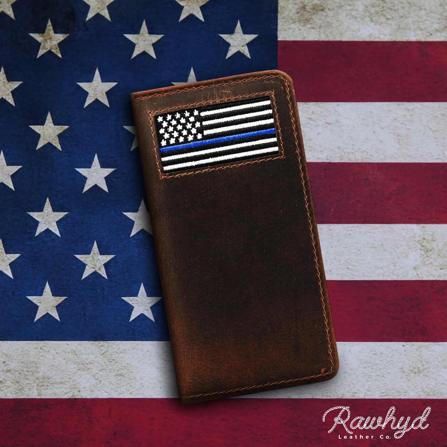 Thin Blue Line Firefighter Long Bifold Men's Wallet - Handcrafted Full Grain Leather Wallet w/ Needlepoint Art - Compact Men's Bifold Wallets w/ Multiple Card Slots for Birthday, Christmas, & More