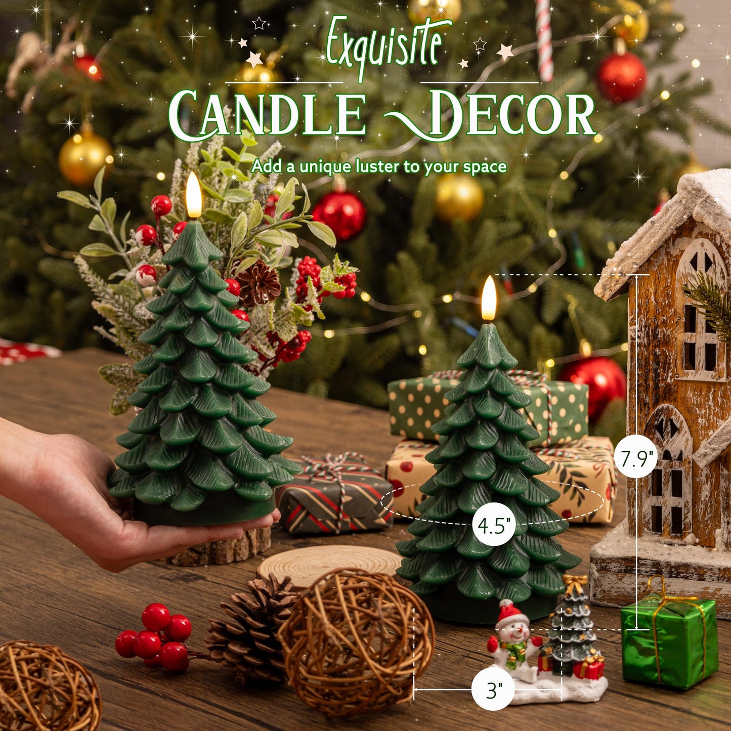 AFINETH Christmas Tree Candles with Remote, 2 Pack Green Flameless Candles Battery Operated, Real Wax Flickering Christmas Led Candle Decorations for Winter Home Holiday Xmas Gift