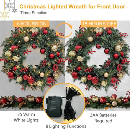 28’’ Pre-Lit Artificial Christmas Wreath, Battery Operated 35 LED Lights with Faux Greenery, Pine Cones, Berries for Front Door, Xmas Wreath for Holiday Christmas Home Decorations