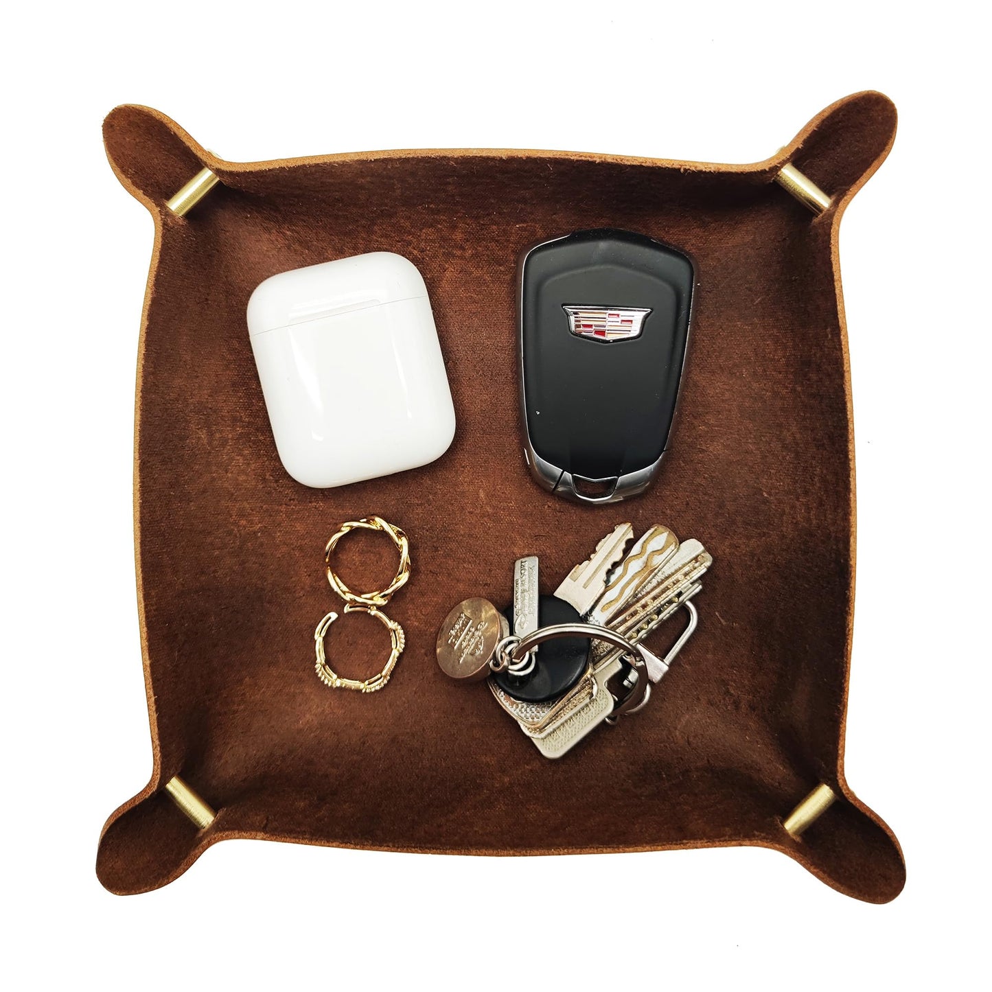 WOBACWVO Leather Valet Tray Entryway Catchcall Tray Nightstand Organizer Storage for Wallets Watches Keys Holder Dish Bowl Coins Office Desk Accessory (Antique Brown-Oil Wax Leather).