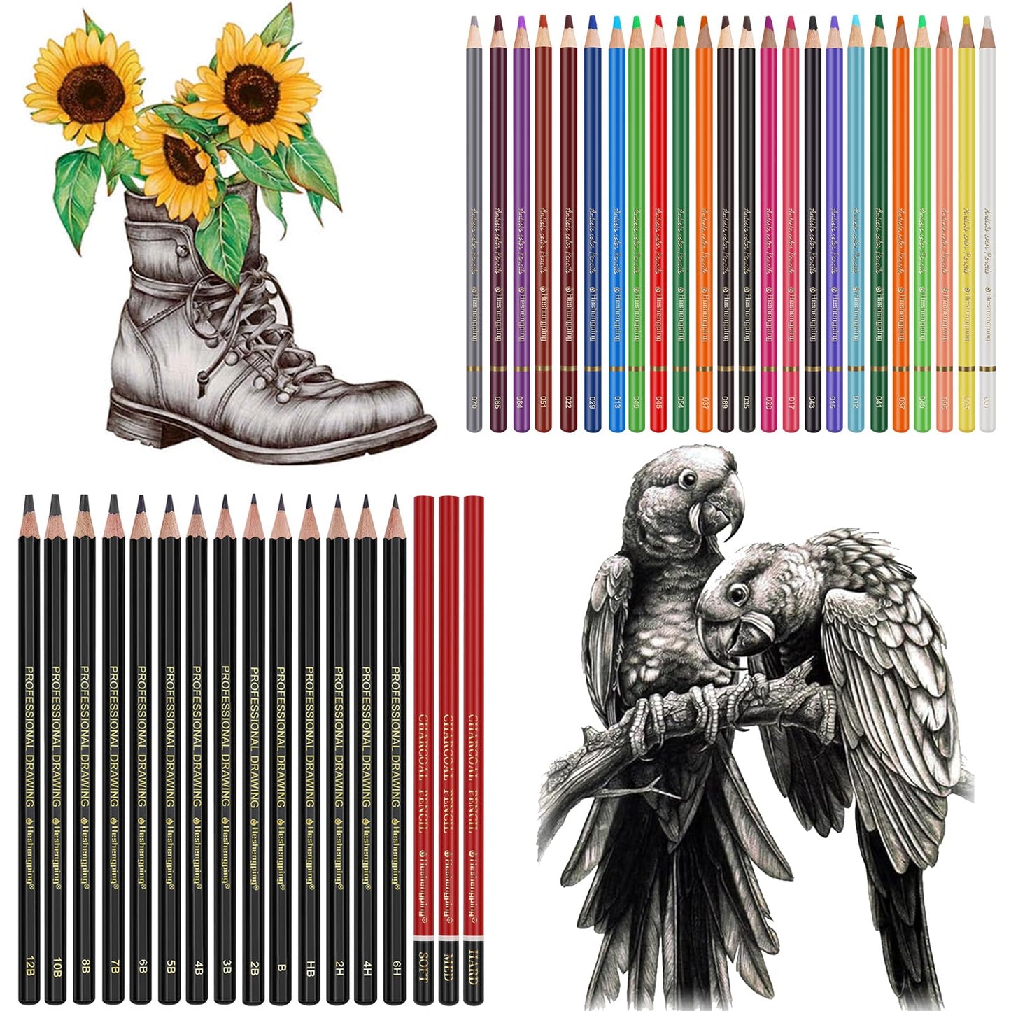 Heshengping Sketching Drawing Art Pencil Kit-50 Piece Set with 24 Color Pencils for Coloring Books, 14 Graphite 3 Charcoal Erasers Etc., Artist Supplies Ideal for Adult, family friend, Beginner