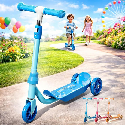 Kids Scooter for Ages 3-7 | Three-Wheel Toddler Kick Scooter with Light-Up Wheels, Adjustable Handlebar & Anti-Slip Deck - Blue