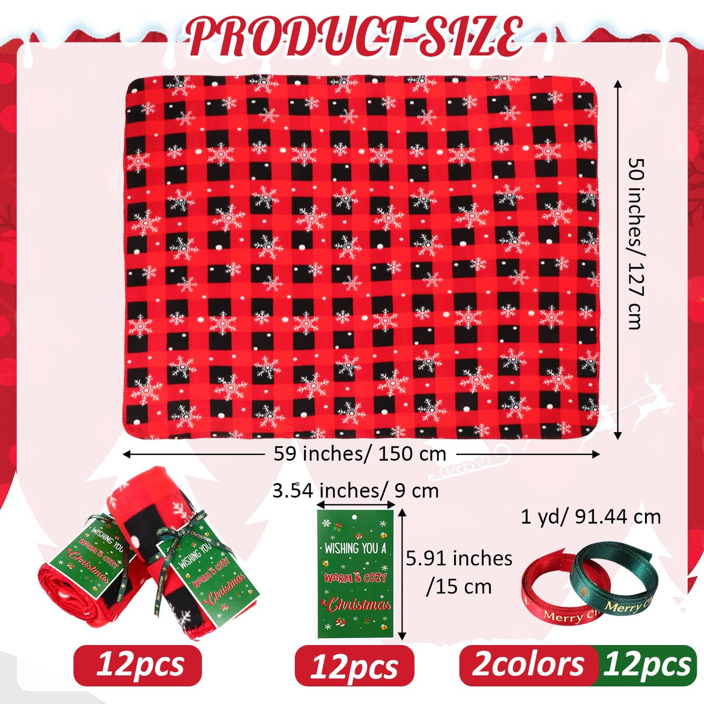 HunnmingRe 12 Set Christmas Fleece Throw Blanket Bulk Xmas Gift Set Include Merry Christmas Ribbon and Gift Card 50 x 60 Inch Holiday Blanket for Couch Sofa Winter Travel Decoration