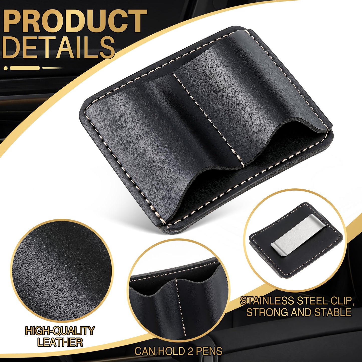 ElectricWise 2 Pack Black Leather Pen Holder for Car - Durable Vehicle Pencil Storage Organizer, Universal Car Pencil Holder Clip for Cars Notebook, Strong Grip Leather Pen Loop for Office & Commute