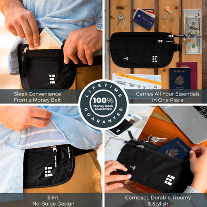 Money Belt for Secure Travel - RFID Blocking Slim Passport Holder - Hidden Waist Pouch for Cash, Credit Cards, Documents - Concealable Under Clothes, Water-Resistant Travel Belt for Men and Women