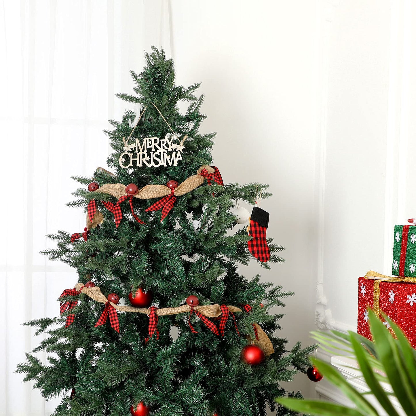 9 FT Christmas Rustic Burlap Garland Metal Sleigh Bells Garland Plaid Ribbon Country Charm Jingle Bells Hanging Checked Buffalo Decor for Christmas Holiday (Black and Red)