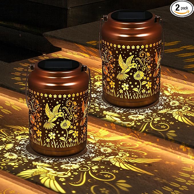2 Pack Solar Lanterns Outdoor Garden Decor- Solar Lights Waterproof Hummingbird Decorative Gifts for Women Mom Grandma Hanging Metal Lights Gardening Gift for Outside for Yard, Patio, Backyard, Farm
