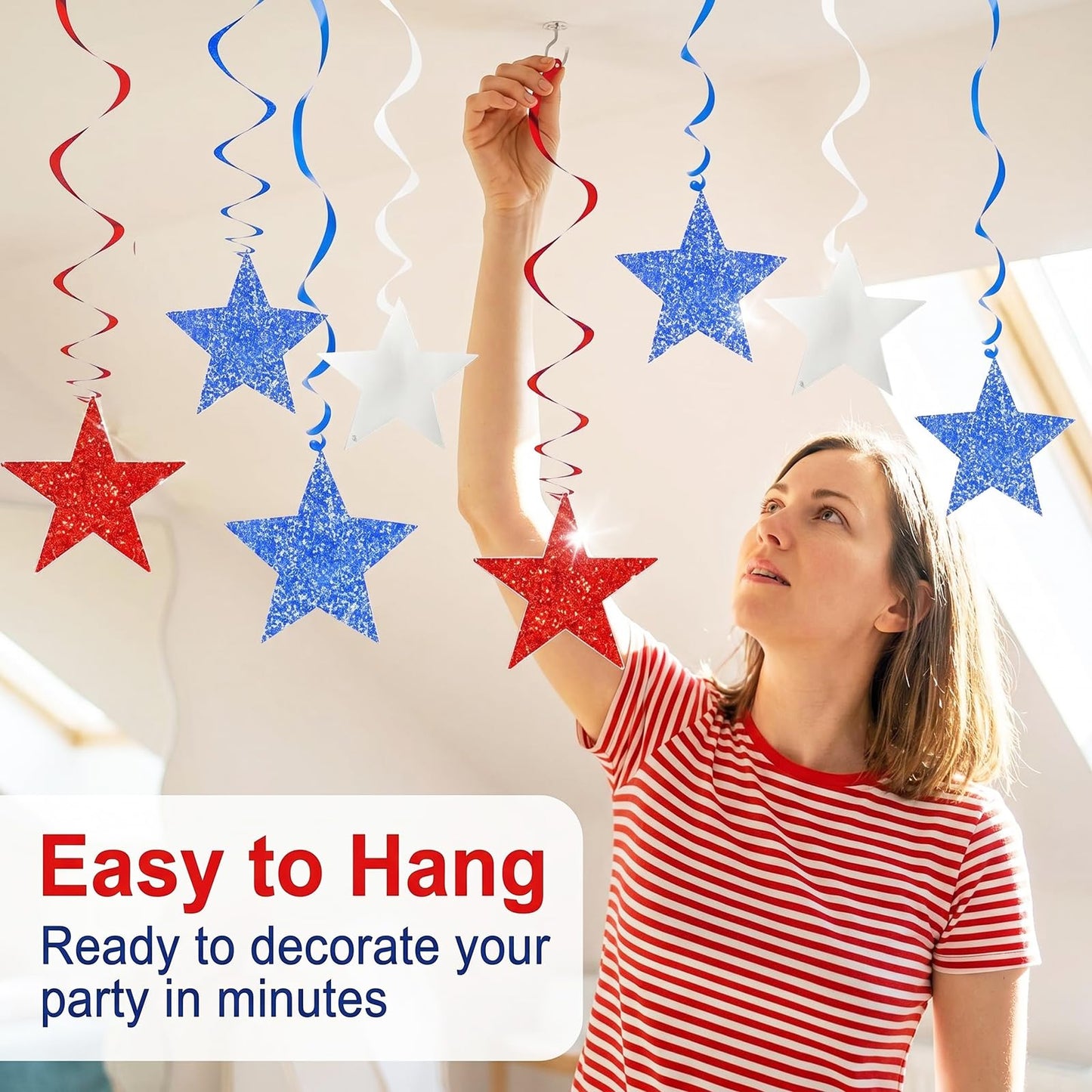 4th of July Decorations Red White Blue/Graduations Party Decorations Red Blue/Patriotic Hanging Star Streamers, Red White Blue Glitter Stars with Swirls, Memorial Day Veterans Day