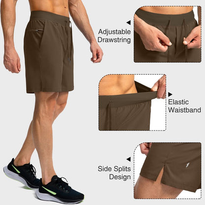 Soothfeel Men's Running Shorts with Zipper Pockets 7 Inch Lightweight Quick Dry Gym Athletic Workout Shorts for Men (Brown, XL)