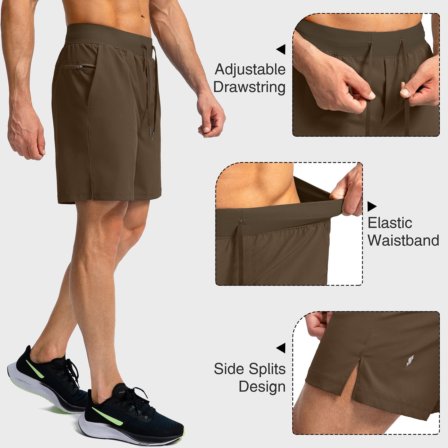 Soothfeel Men's Running Shorts with Zipper Pockets 7 Inch Lightweight Quick Dry Gym Athletic Workout Shorts for Men (Brown, XXL)