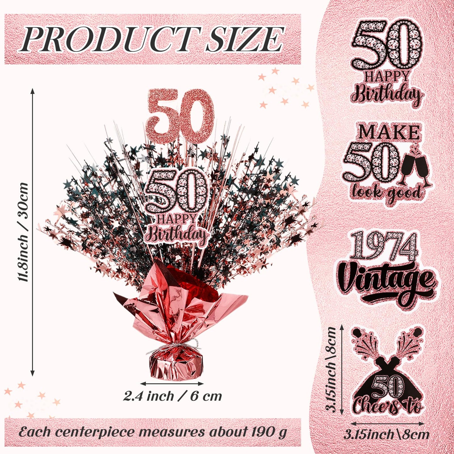 XunYee 4 Set Womans 50th Birthday Table Decorations Black Rose Gold Metallic Star 50th Birthday Decorations for Her Wedding Anniversary Centerpiece