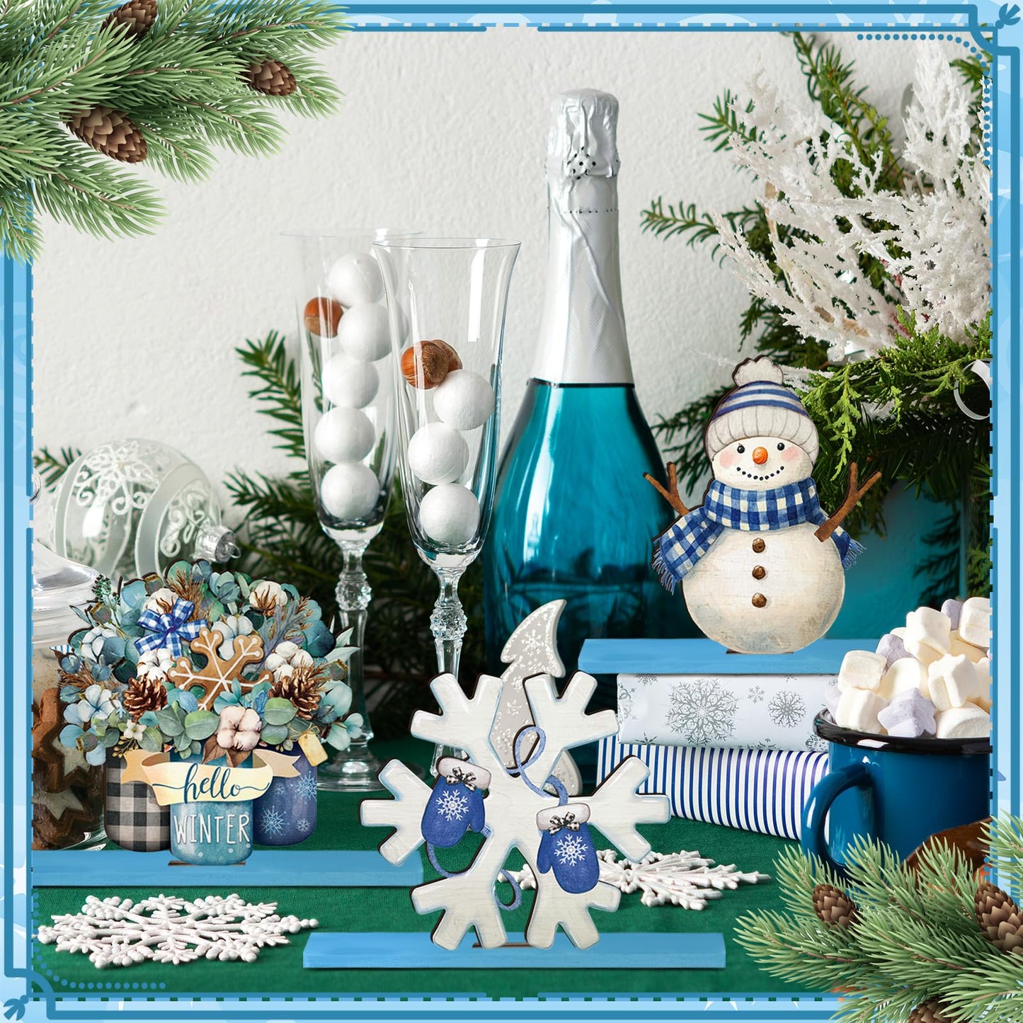Realspring 6 Pcs Winter Table Decorations Winter Wooden Wonderland Snowflake Snowman Table Centerpieces Blue Christmas Tabletop Signs Rustic Farmhouse Desk Topper for Party Office Decor Supplies