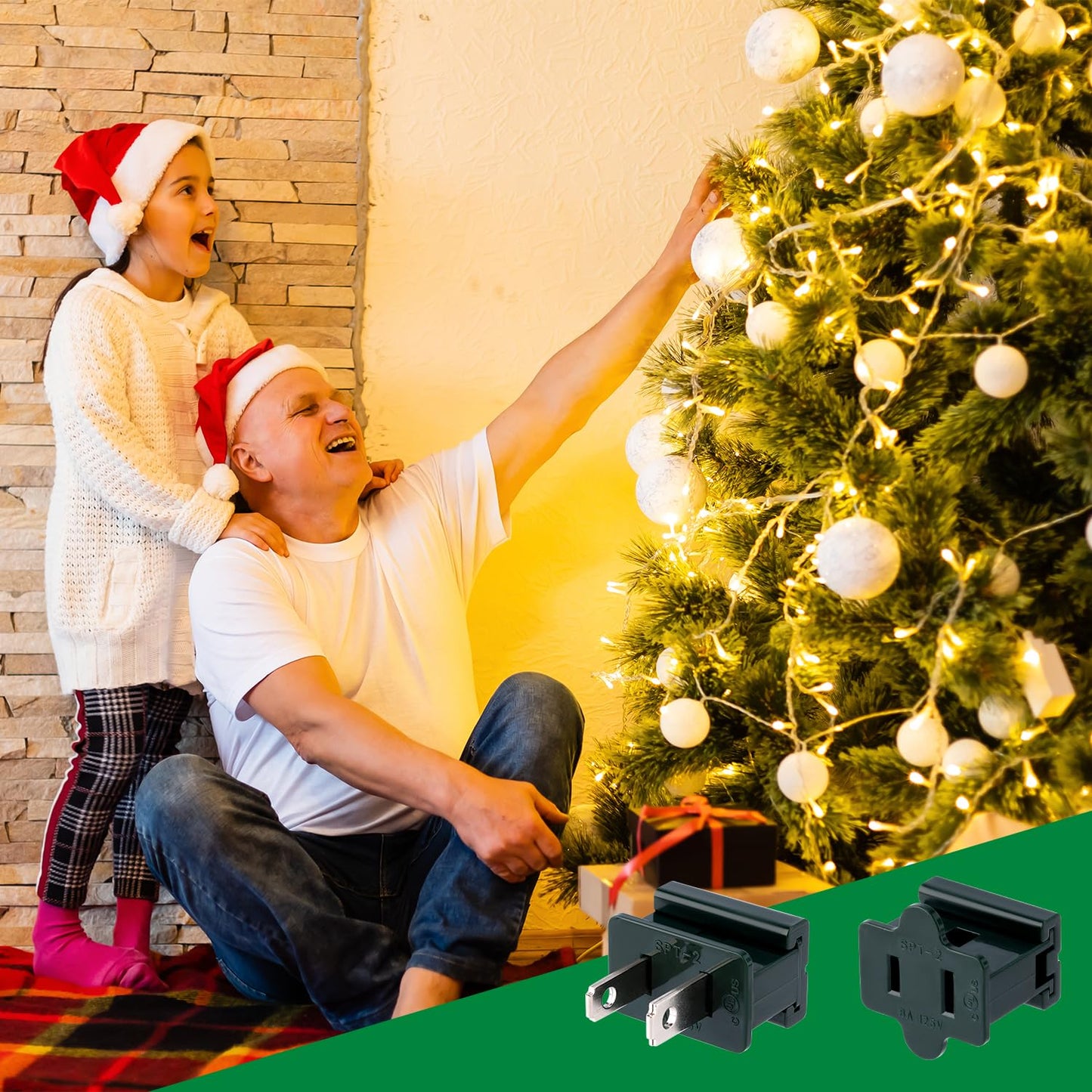 20pcs Holiday Christmas Lighting Outlet Green Slip Plug Set, 10 Male & 10 Female Vampire Adapter Ends, Electric Connector for SPT-2