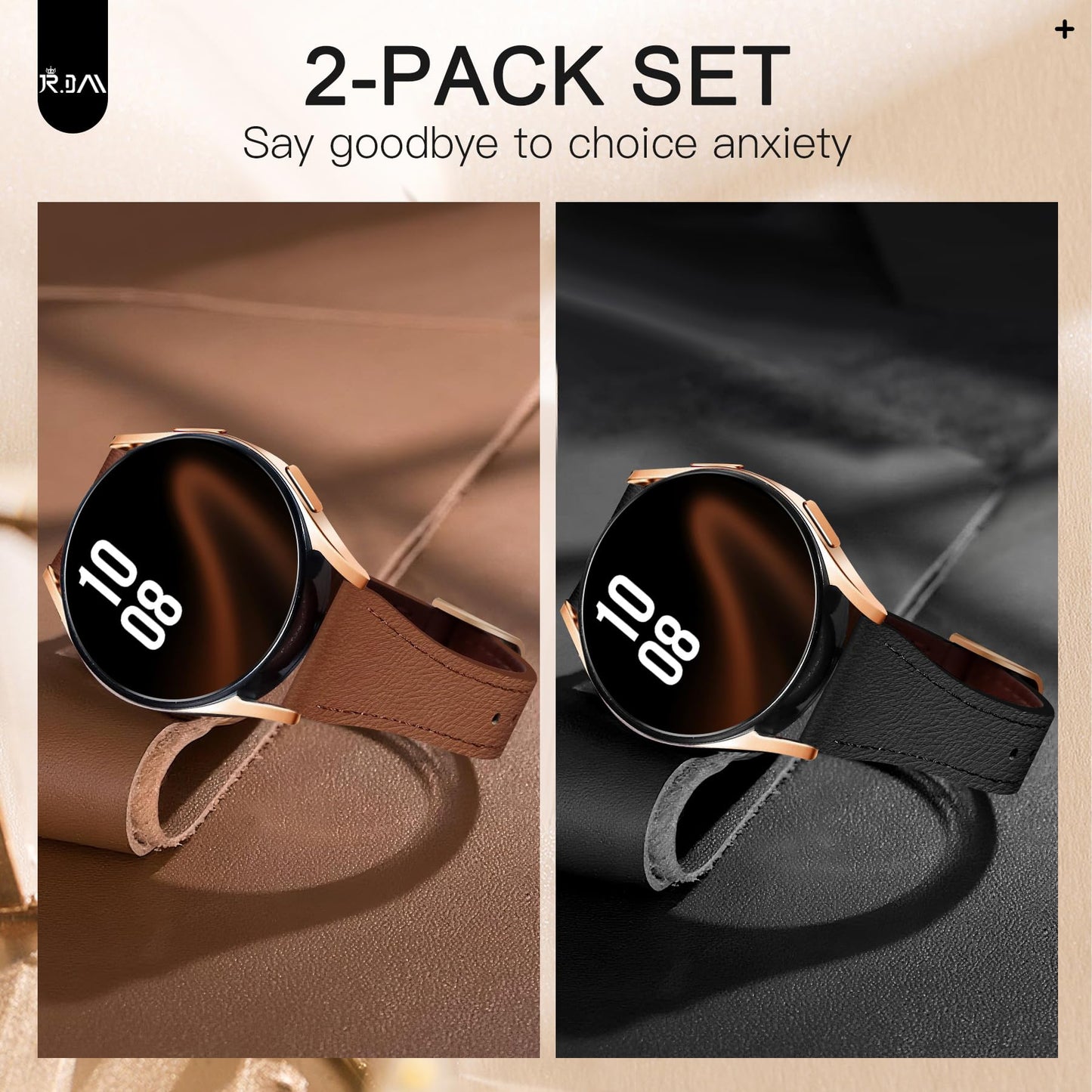 JR.DM 2 Pack Slim Leather Bands Women Compatible with Samsung Galaxy Watch 7/6/5/4/Active 2/4 Classic/6 Classic/5 Pro/FE 40mm 42mm 43mm 44mm 45mm 46mm 47mm, Top Leather Soft Watch Thin Straps，20mm