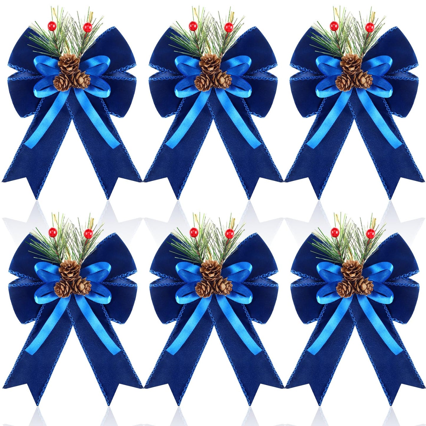Syhood 6 Pcs Christmas Bows with Pine Cones Pine Needles Xmas Blue Velvet Bows Blue Velvet Ribbon Christmas Tree Wreath Decoration for Xmas Parties Indoor Outdoor Crafts DIY Decor