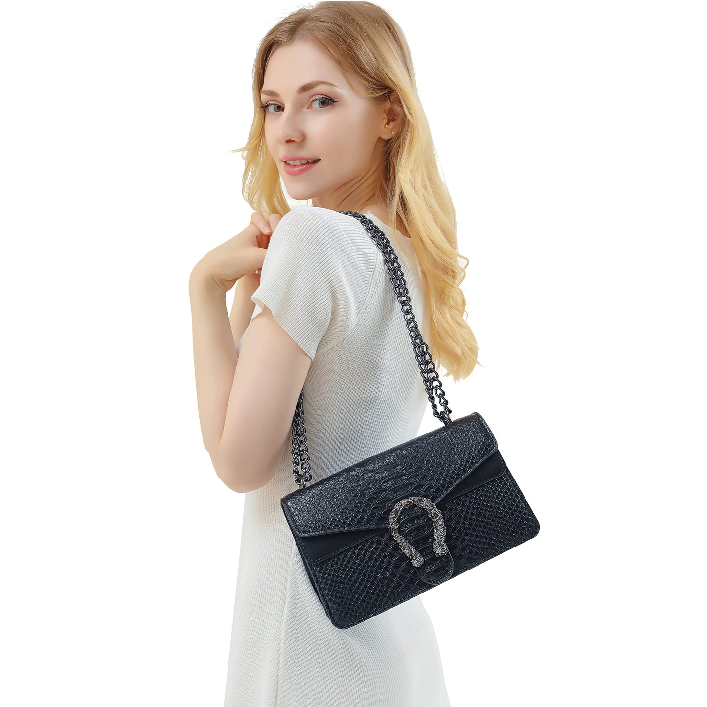 Leather Shoulder Bag Chain Purse for Women - Fashion Crossbody Bags Vintage Snake Print Underarm Bag Square Satchel Clutch Handbag（Black）