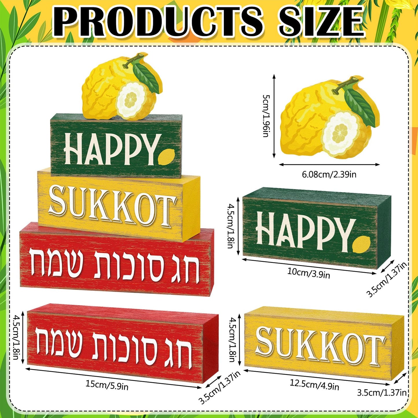 Marsui 4 Pcs Happy Sukkot Table Decor Rustic Sukkah Decorations Etrog Wooden Signs Centerpiece Farmhouse Sukkot Tiered Tray Decor for Home Office Desk Jewish Festival Decorations