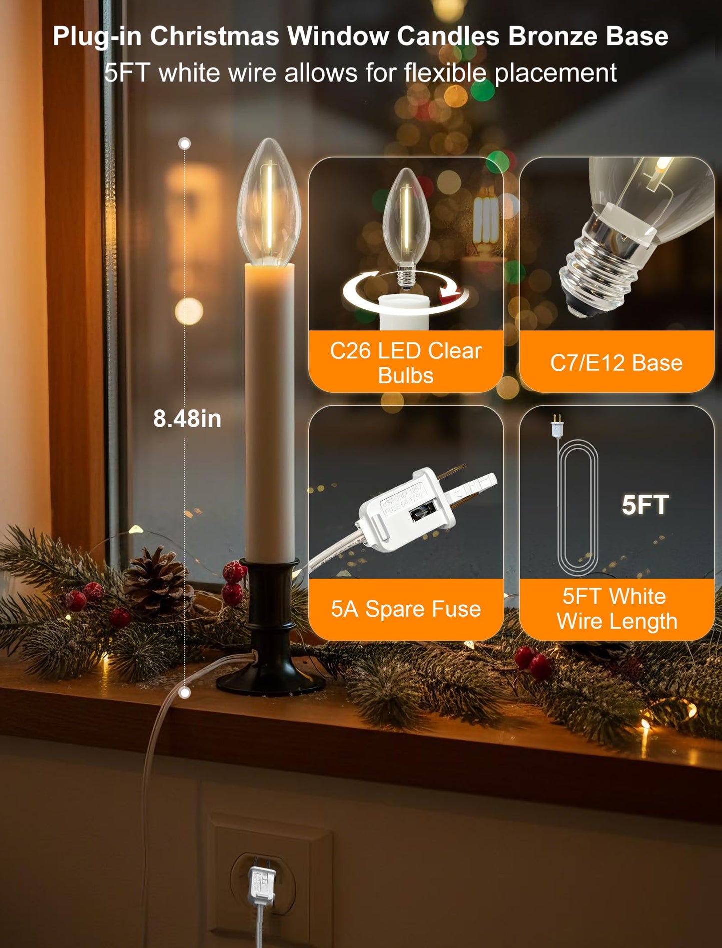 Romasaty 4 Pack Electric Window Candles with Sensor Dusk to Dawn, Christmas Window Candles Bronze Plated Base, 9 Inch Candle Lights with 0.6W LED E12 Bulbs for Indoor Christmas Table Decor