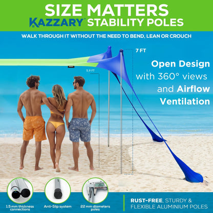 KAZZARY Beach Tent, UPF50+ 10x10 ft Sun Shade Canopy with Sandbags, 4 Stability Poles, Ground Pegs, Flying Disc Sand Shovel. Lightweight Sunshade Shelter, 7ft Tall for Camping Outdoor Trips and Sports
