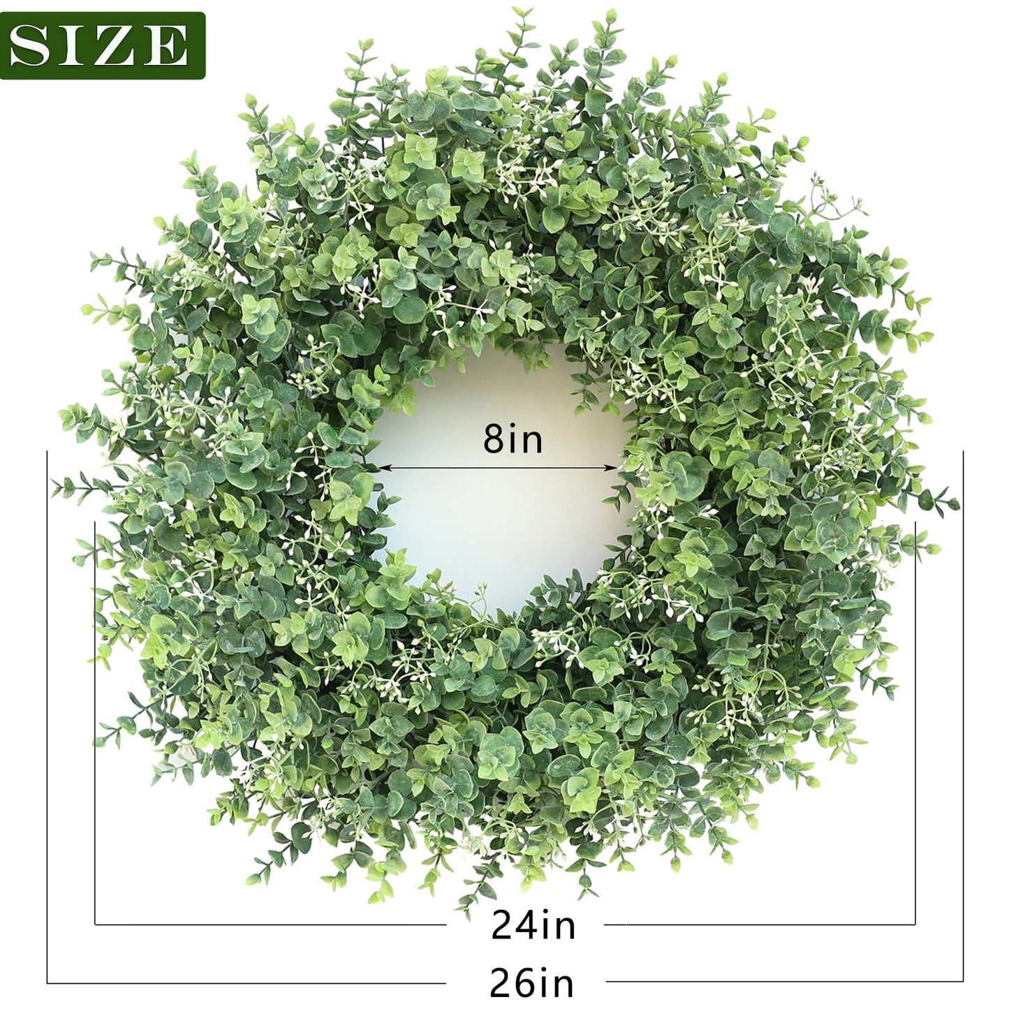 26'' Eucalyptus Wreath for Front Door - Large Artificial Eucalyptus Leaves with White Seeds Greenery Outdoor Wreath for Porch,Window,Farmhouse,Home,Hanging Decor- Spring, Summer, All Seasons (Green) ﻿