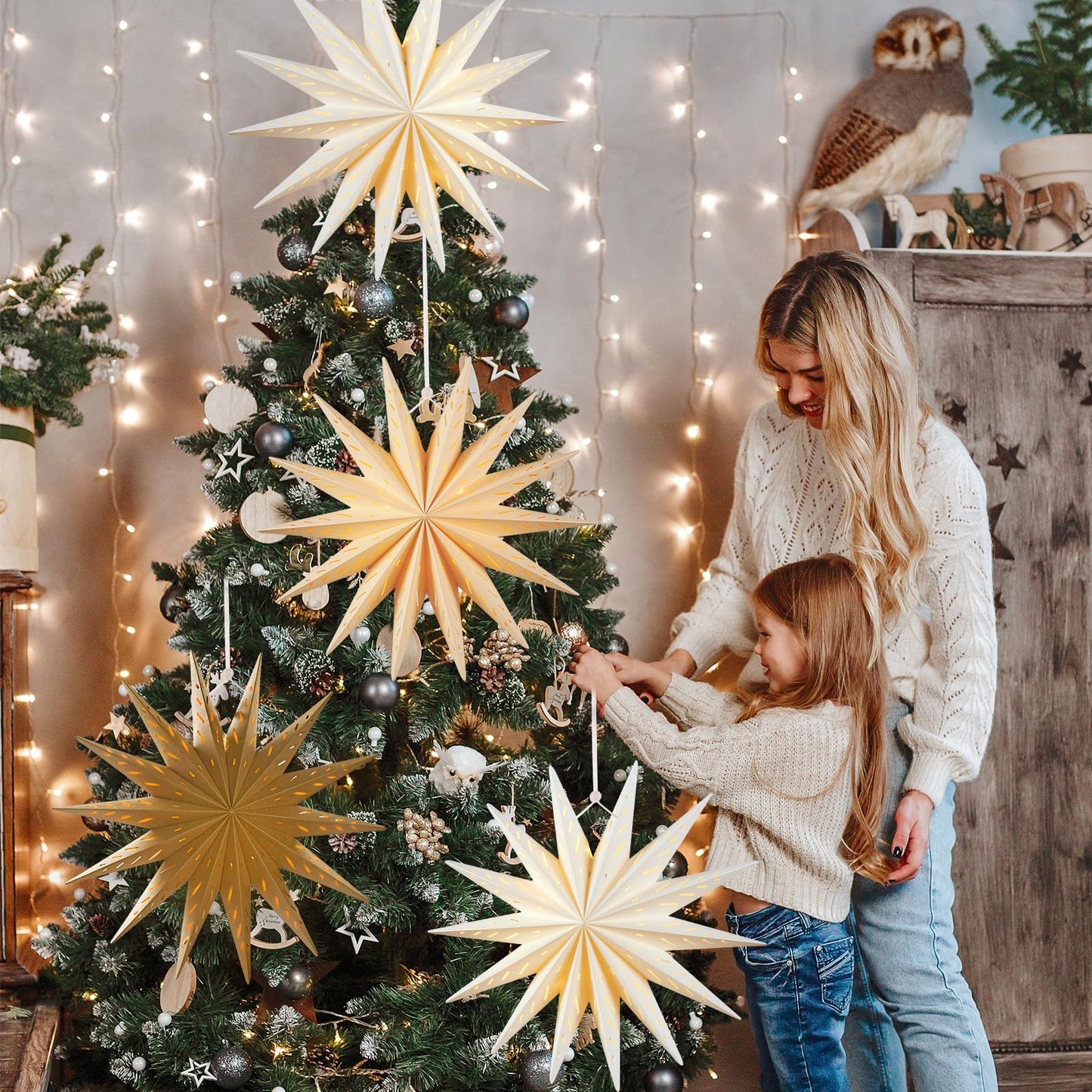 SUNBEAUTY 14-Pointed 18 Inch Hollow Out Paper Star Lanterns Brown White Christmas Lanterns Hanging Lamp Paper Decorations Shade Wedding Birthday Christmas Home Party Decorations