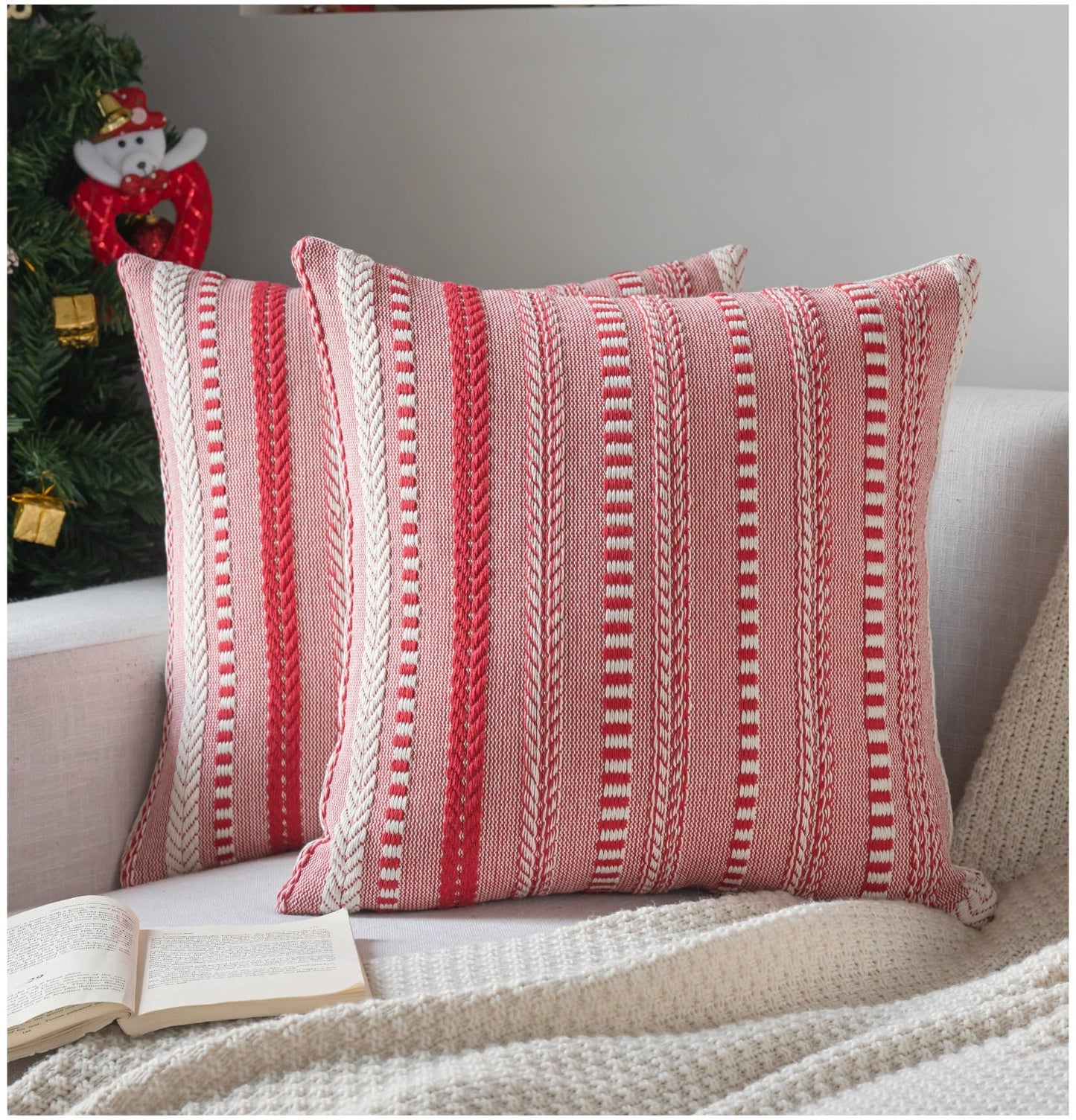 Cethom Christmas Pillow Covers 18x18 Inch Set of 2, Farmhouse Boho Christmas Decoration Couch Pillow Cases, Red Accent Pillows of Bed, Sofa Bedroom Living Room Home Decor Cushion Cover