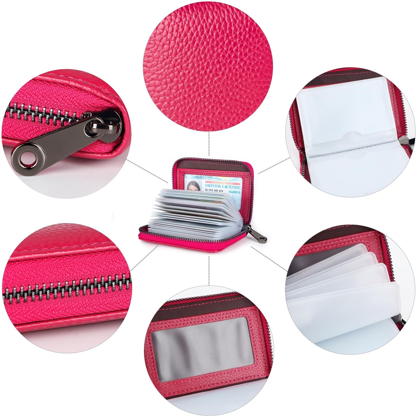 Suweibuke Genuine Leather Credit Card Holder Zipper Wallet RFID Blocking Secure Card Case ID Case Organizer (Rose Red)
