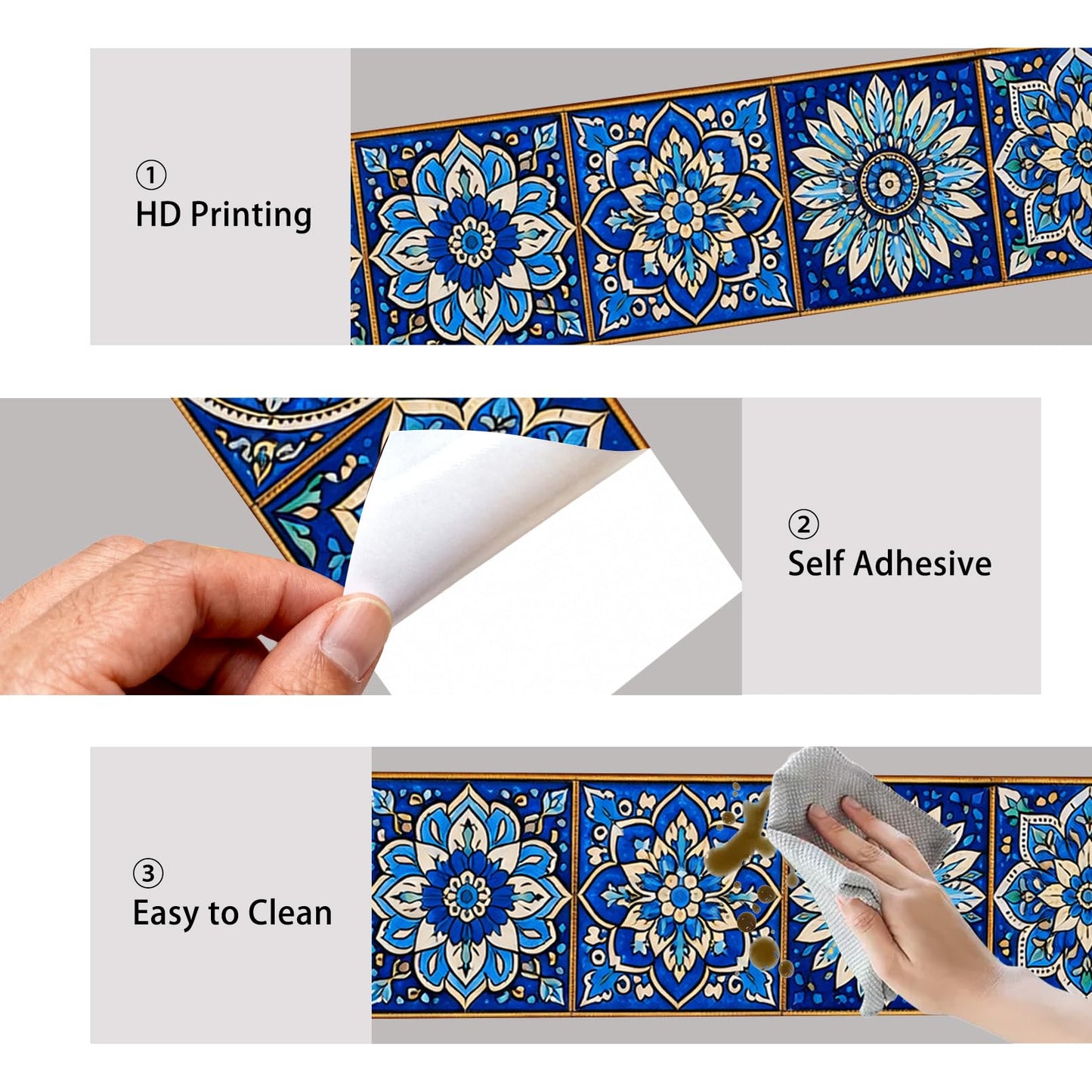 Nuxovilar Wallpaper Border Peel and Stick 3.94x16.4Ft PVC Removable Self-Adhesive Bathroom Kitchen Living Room (Blue White Moroccan Tile Pattern)