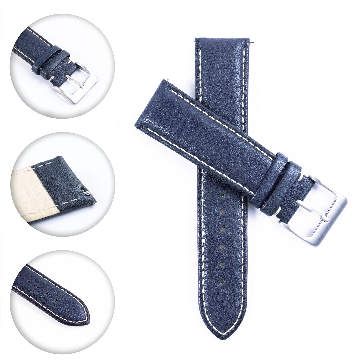 Berfine 20mm Top Grain Leather Watch Band, Quick Release Watch Strap, Blue