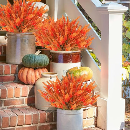 12 Bundles Artificial Fall Flowers for Outdoors Fake Fall Lavender Flowers UV Resistant Plastic Faux Fall Plants for Home Porch Autumn Fall Decorations (Orange)