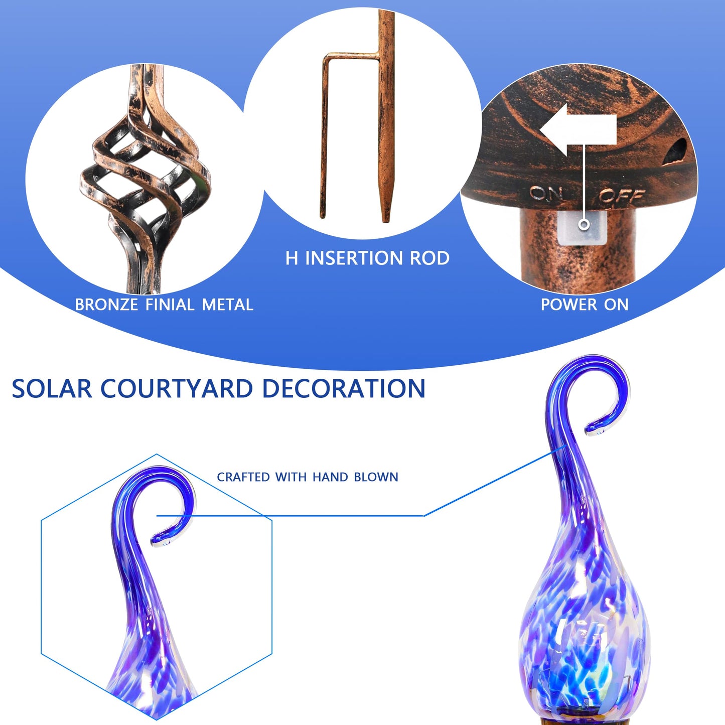 Naboher Garden Solar Lights Outdoor, Decorative LED Pearlized Glass Spiral Garden Stake with Finial, Hand Blown Glass and Metal Outdoor Decoration, 3 x 36 Inch (Dark Blue)