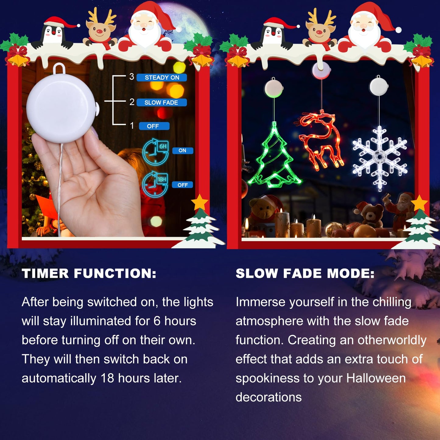 LOLStar Christmas Decorations, 3 Pack Reindeer, Christmas Tree, and Snowflake Window Lights with Suction Cup, Timer Function & Slow Fade Mode Battery Operated Indoor Lights for Christmas Eve New Year