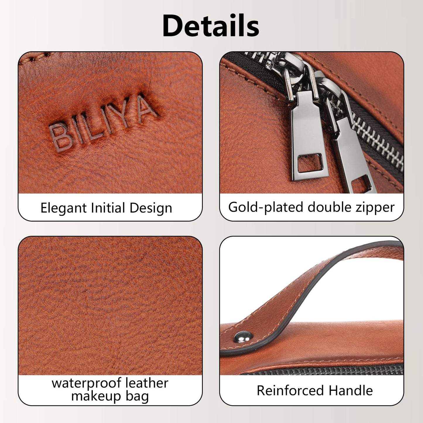 BILIYA Hand Rubbed Genuine Leather Makeup Bag Vintage Brown Cowhide Cosmetic Case with Handle Handmade Travel Organizer for Women