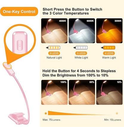 Gritin 9 LED Rechargeable Book Light for Reading in Bed - Eye Caring 3 Color Temperatures,Stepless Dimming Brightness,80 Hrs Runtime Small Lightweight Clip On Book Reading Light for Studying-Pink