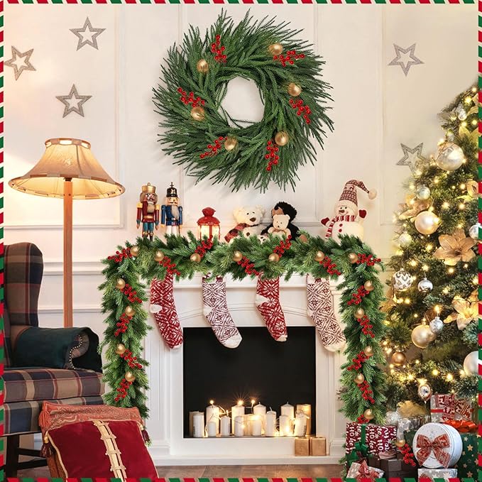26 inch Norfolk Pine Wreath,Christmas Wreaths for Front Door,Artificial Real Touch Wreath for Door Wall Windows Mantle Outdoor Christmas Decoration