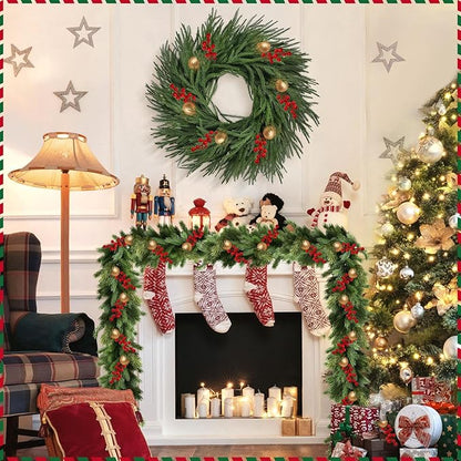 26 inch Norfolk Pine Wreath,Christmas Wreaths for Front Door,Artificial Real Touch Wreath for Door Wall Windows Mantle Outdoor Christmas Decoration