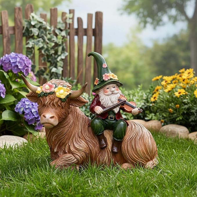 Solar Highland Cow Figurines for Garden with Gnome Playing the Violin 6.7"Resin Garden Gnomes Outdoor Patio Yard Lawn Porch Decor Birthday Housewarming Gifts for Women Mom Grandma Wife Sister Friend