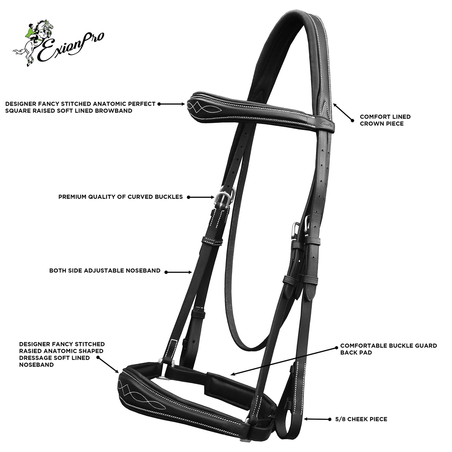 Exion Dressage Horse Bridle: Soft Lining, Anatomic Shape & Designer Stitching on Browband and Noseband Comes with Web Reins Equipped with a Hand-Stopper | Dressage Bridle for Horses