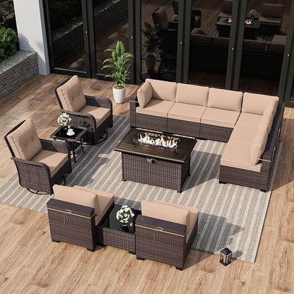 ALAULM 13 Pieces Patio Furniture Set with 2 Swivel Chairs Patio Furniture Outdoor Sectional Sofas with 55000 Gas Fire Pit Patio Conversation Set w/10 Cushions-Sand