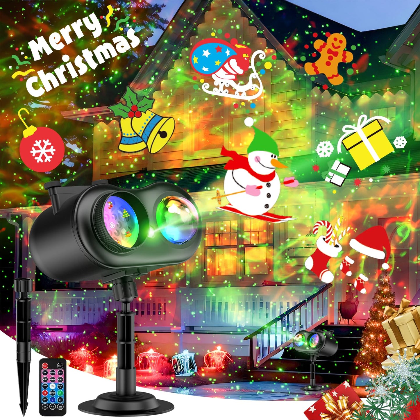 Christmas Projector Lights Outdoor Waterproof, 10 Slides x 8 Bright HD Patterns, Firefly & Ocean Wave Effects, Timer Snowflake Light Projector for House Yard Xmas New Year Valentine’s Thanksgiving