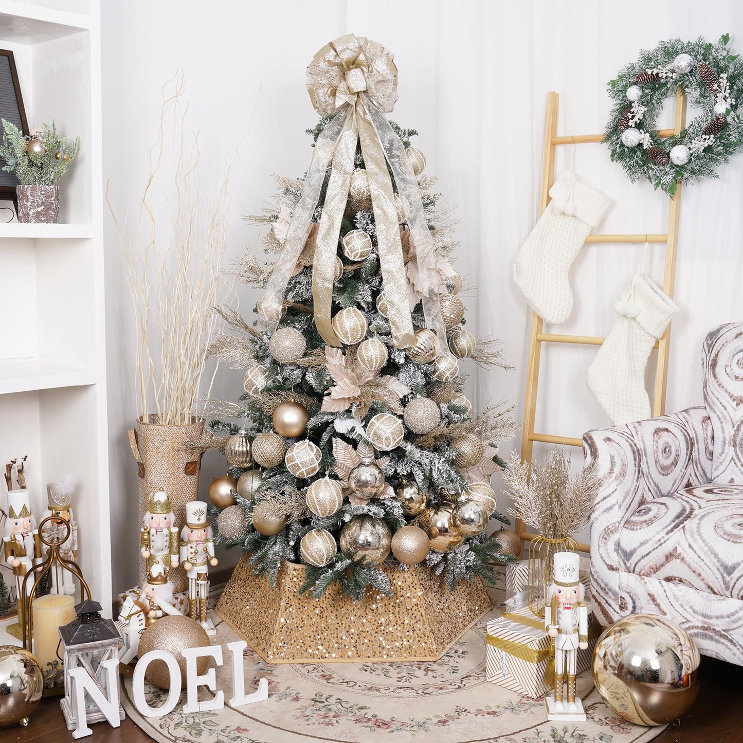 Champagne Gold Christmas Tree Collar with Sparkling Sequins,Christmas Tree Collars for Atificial Trees, 33.5 Inch Christmas Tree Skirt, Xmas Tree Stand Base Cover,Holiday Home Decor Tree Ring(Large)