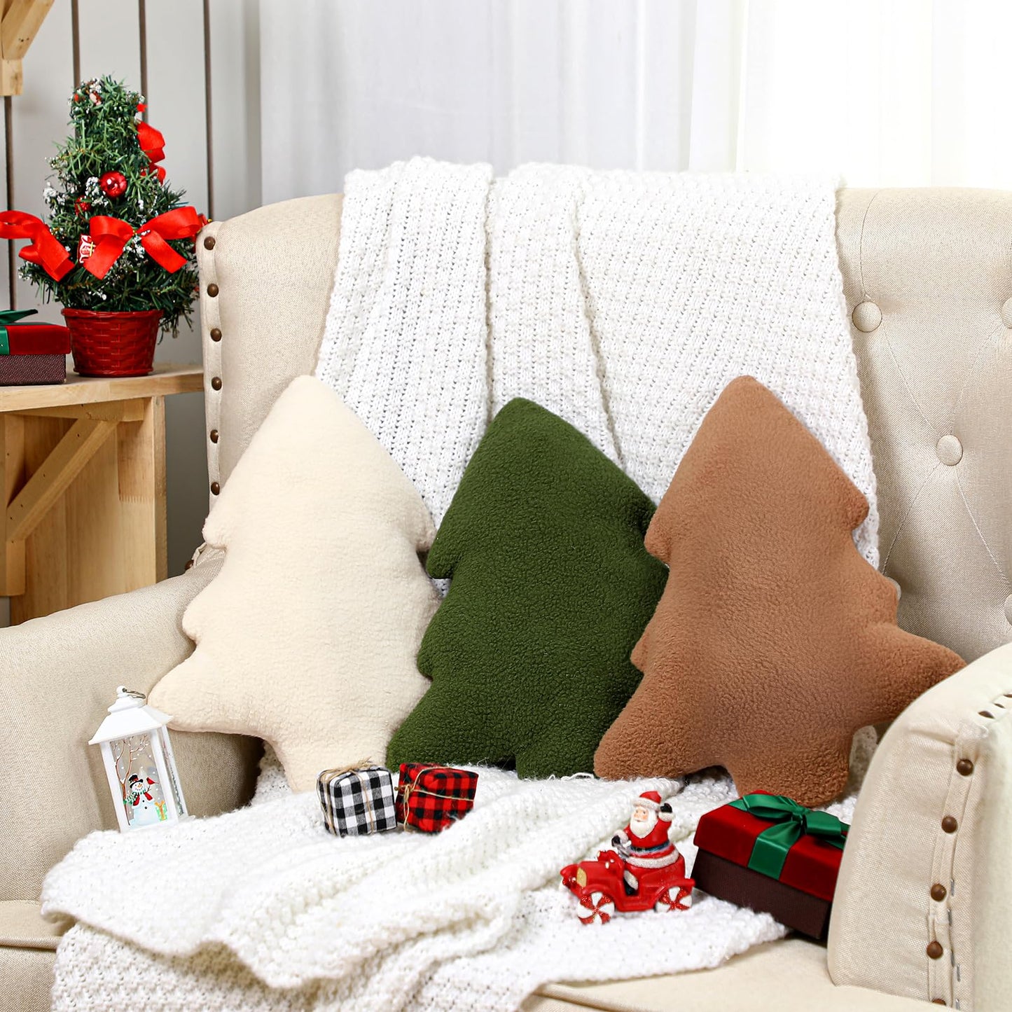 Anglechic 3 Pcs Christmas Pillows Neutral Christmas Tree Decorative Throw Pillows Xmas Tree Stuffed Wool Pillows Soft Xmas Plush Cushion for Sofa Couch Bedroom Livingroom