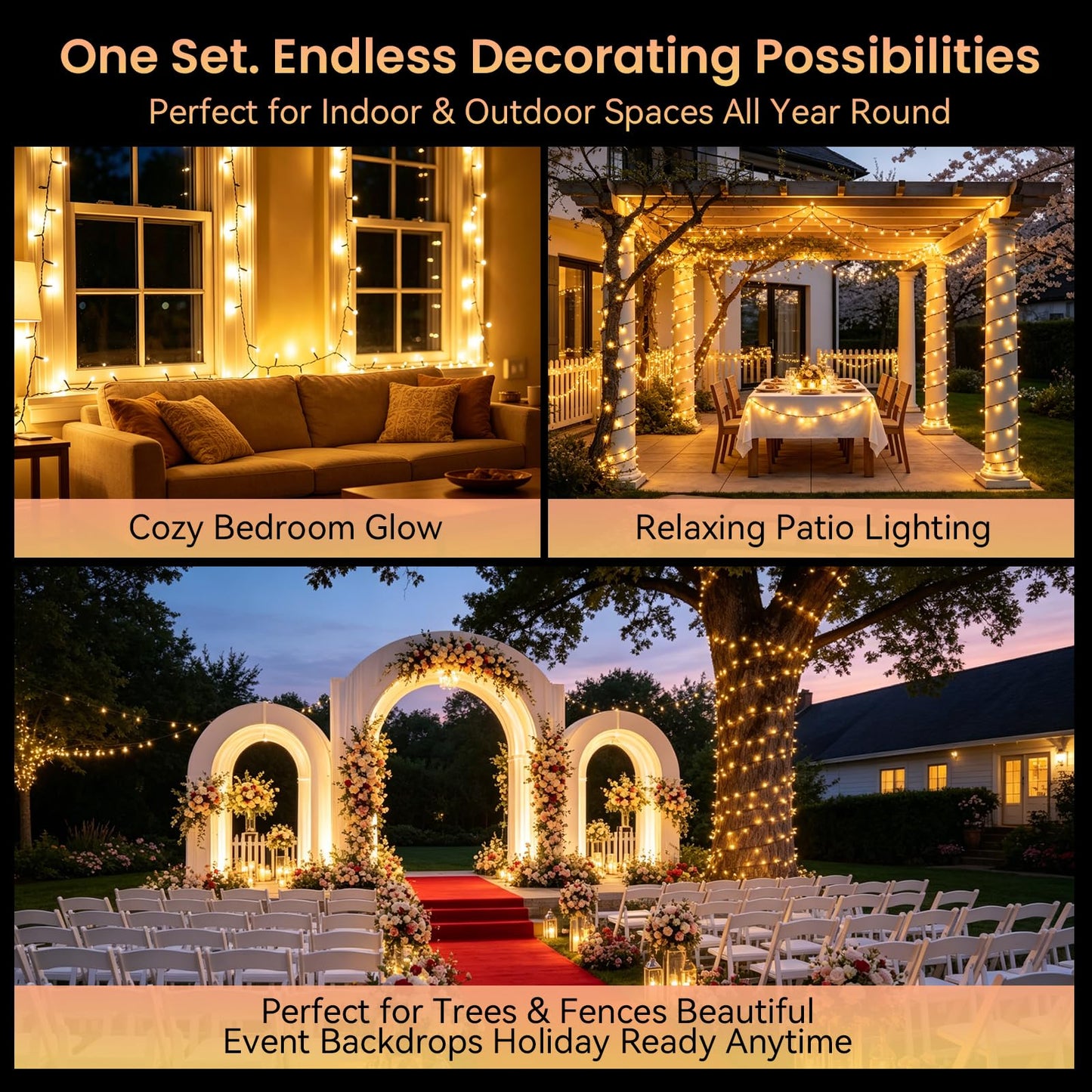 500 LED Cluster String Lights, 49FT Plug-in Fairy Lights with Remote, Timer, 8 Modes & 4 Brightness Levels, Warm White Indoor Outdoor Decorative Lights for Bedroom, Patio, Garden, Wedding, Holiday