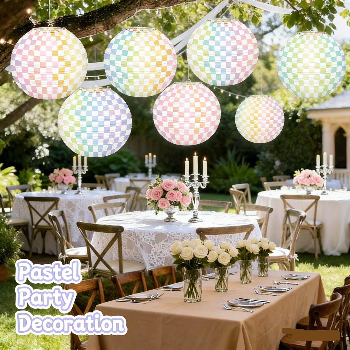 6pcs Pastel Checkered Paper Lanterns Party Decoration, 8inch Pink Gingham Ruond Hanging Lanterns Party Decor for Home Yard Ceiling Classroom Wedding Engagement Birthday Christmas Supplies