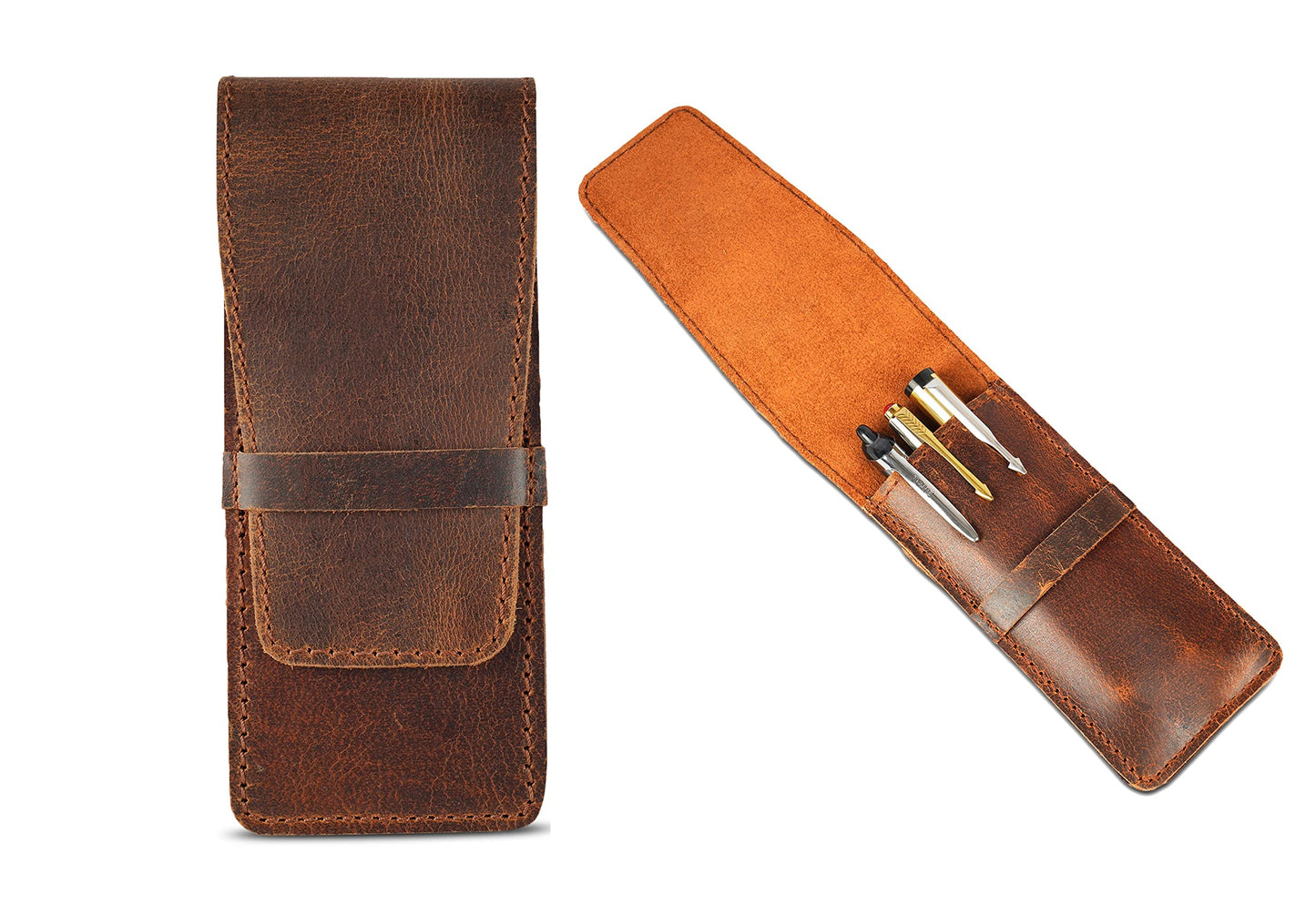 TheAntiq Leather Pen Holder, Genuine 3 Pen Case with Tuck-in Flap, Brown Leather Case for Fountain, Ballpoint & Rollerball Pens, Travel Organizer, Luxury Executive Pen Storage Sleeve (3 Pen, Brown)