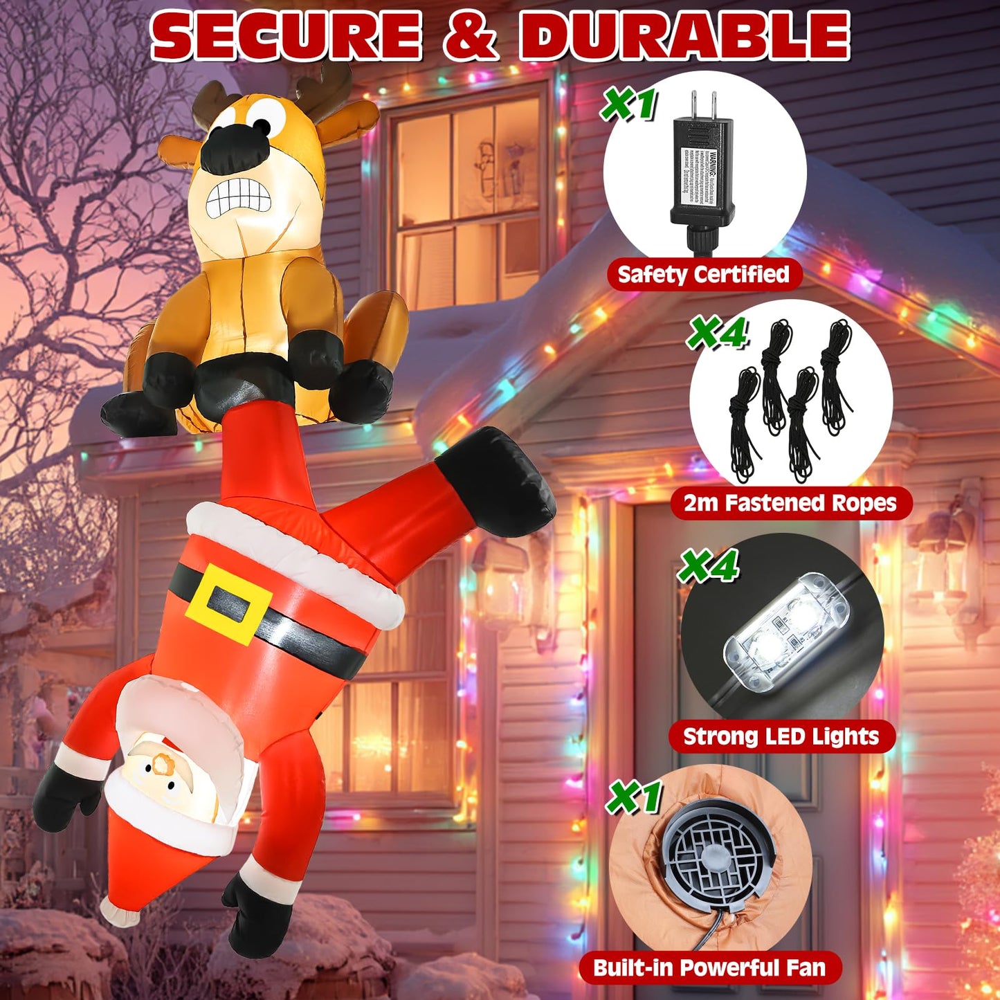 Christmas Inflatable Roof Outdoor Decorations, 8FT Inflatables Reindeer & Climbing Santa, LED Lights Blow up Holiday Hanging Decor for Window Indoor Rooftop Outside Balcony Garden Restaurant Café