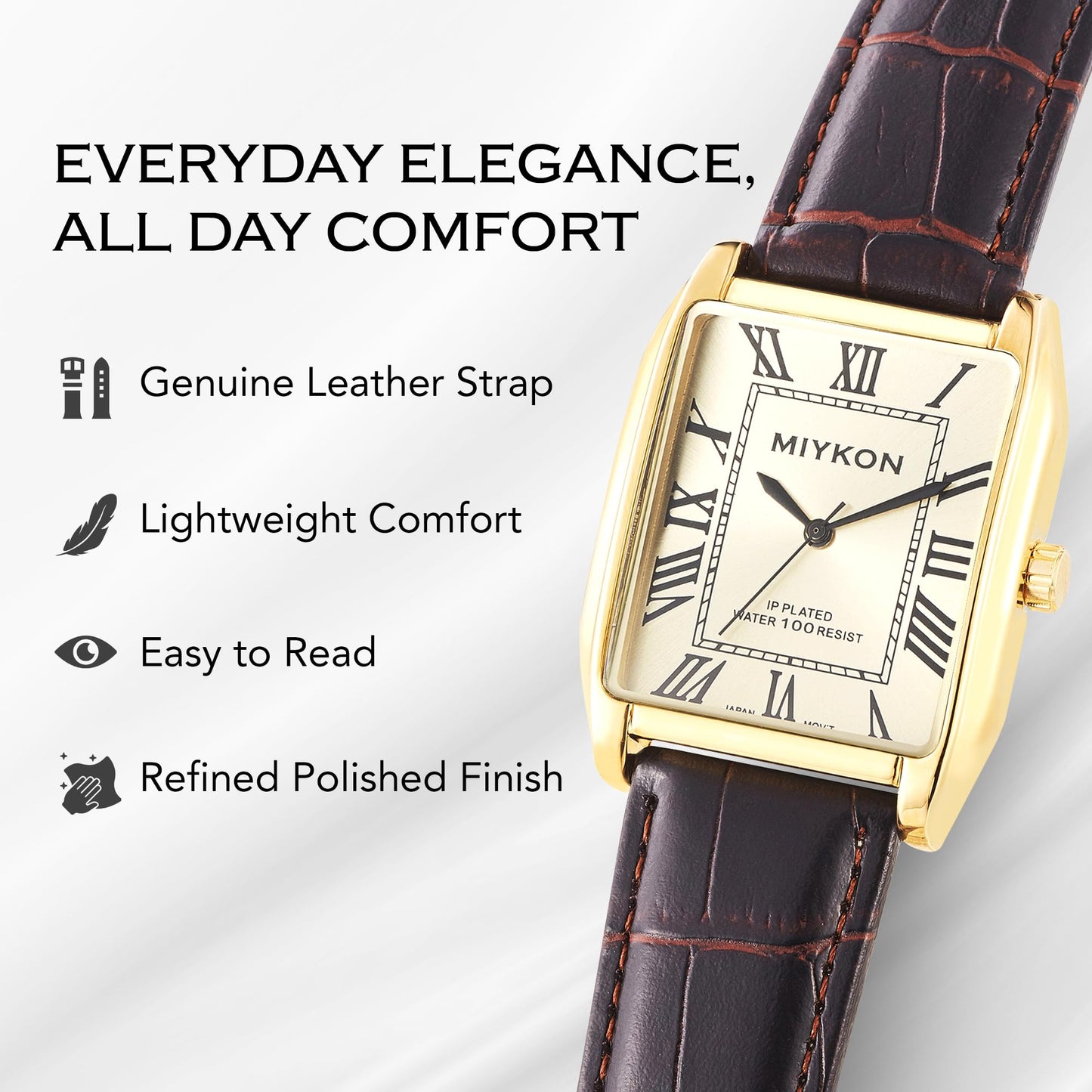 Miykon Vintage Watches for Men - Tank Square Gold Analog Watch with Brown Genuine Leather Wrist Strap for Classic Dress - Japanese Quartz, Waterproof to 100ft