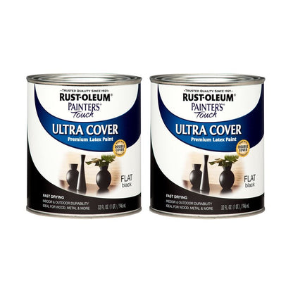 Rust-Oleum 1976502-2PK Painter's Touch Latex Paint, Quart, Flat Black,32 Fl Oz, (Pack of 2)