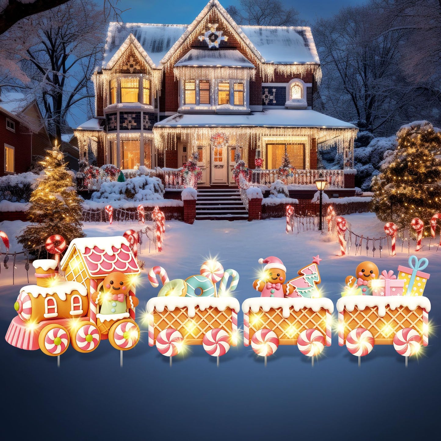 Marsui 4 Pcs Christmas Train Decoration Yard Sign with 4 LED Light Lawn Sign Christmas Pink Gingerbread Candy Gift Box Train Set with 8 Stake for Xmas Garden Outdoor Holiday Party Decor